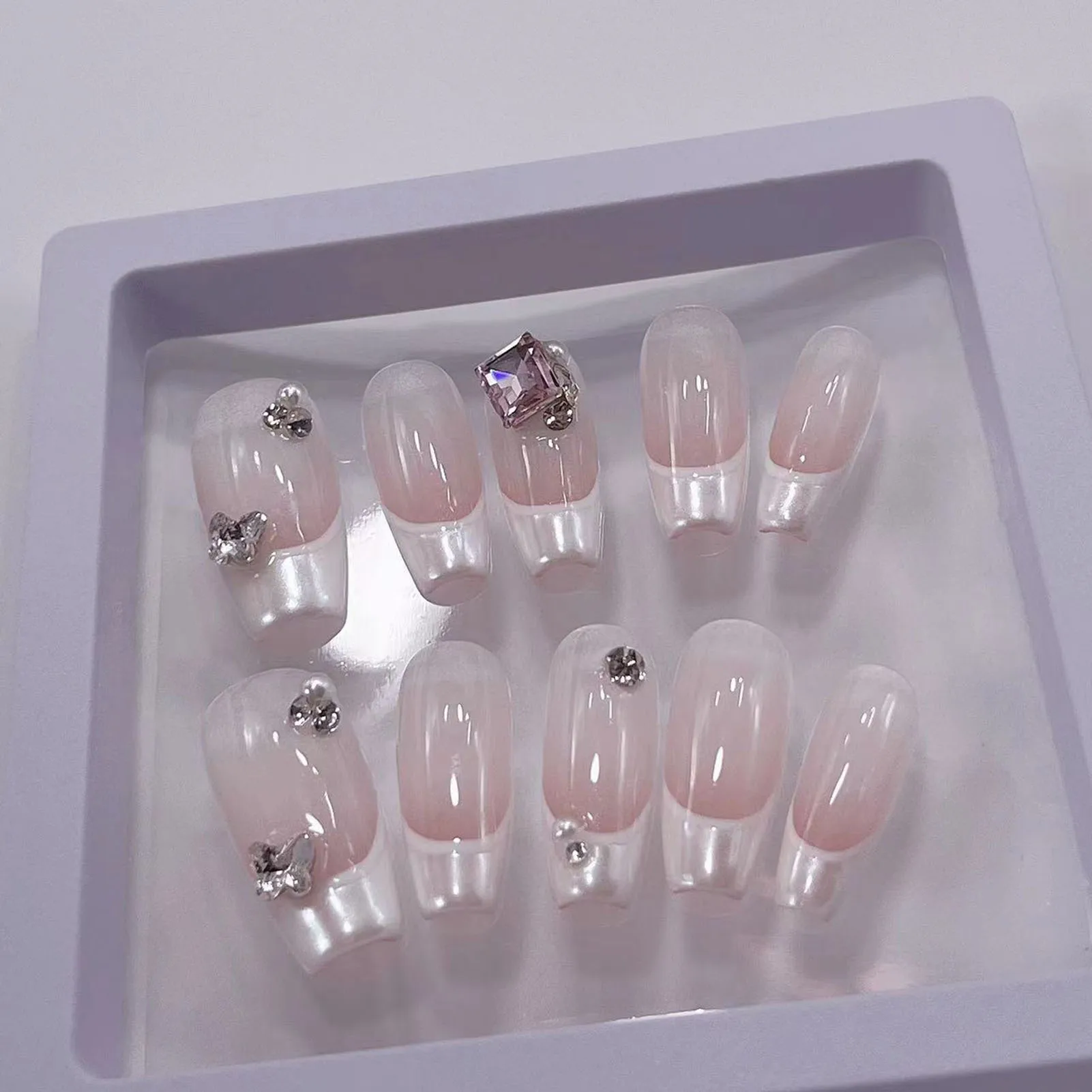 

10pcs Handmade Fake Nails Press On Nails French False Nails Flash Diamond Wearable Ballerina Mid-length Coffin Artificial Nails