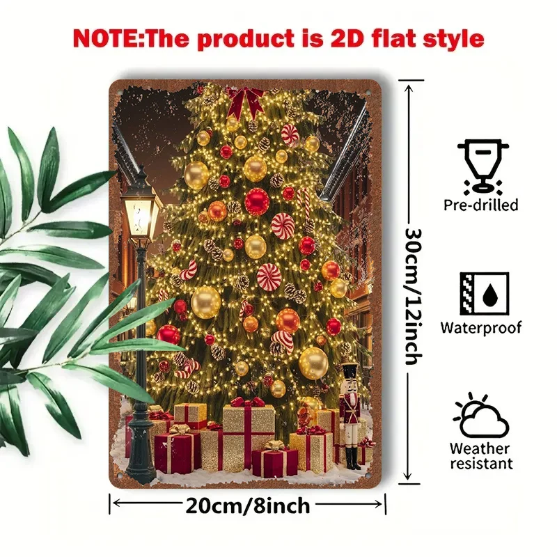 2D Flat - A 1pc 2D [Flat] Metal Sign Measuring 8X12 Inches / 20X30 Cm Features a Beautifully Decorated Christmas Tree Adorned wi