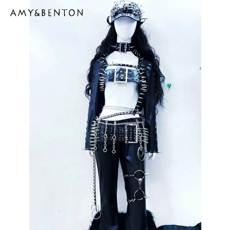 

Halloween Women's Clothing Punk Dark Design Rivet Rock Stage Performance Costume Sweet Cool Sexy Hot Girl Long Pants Set Ladies