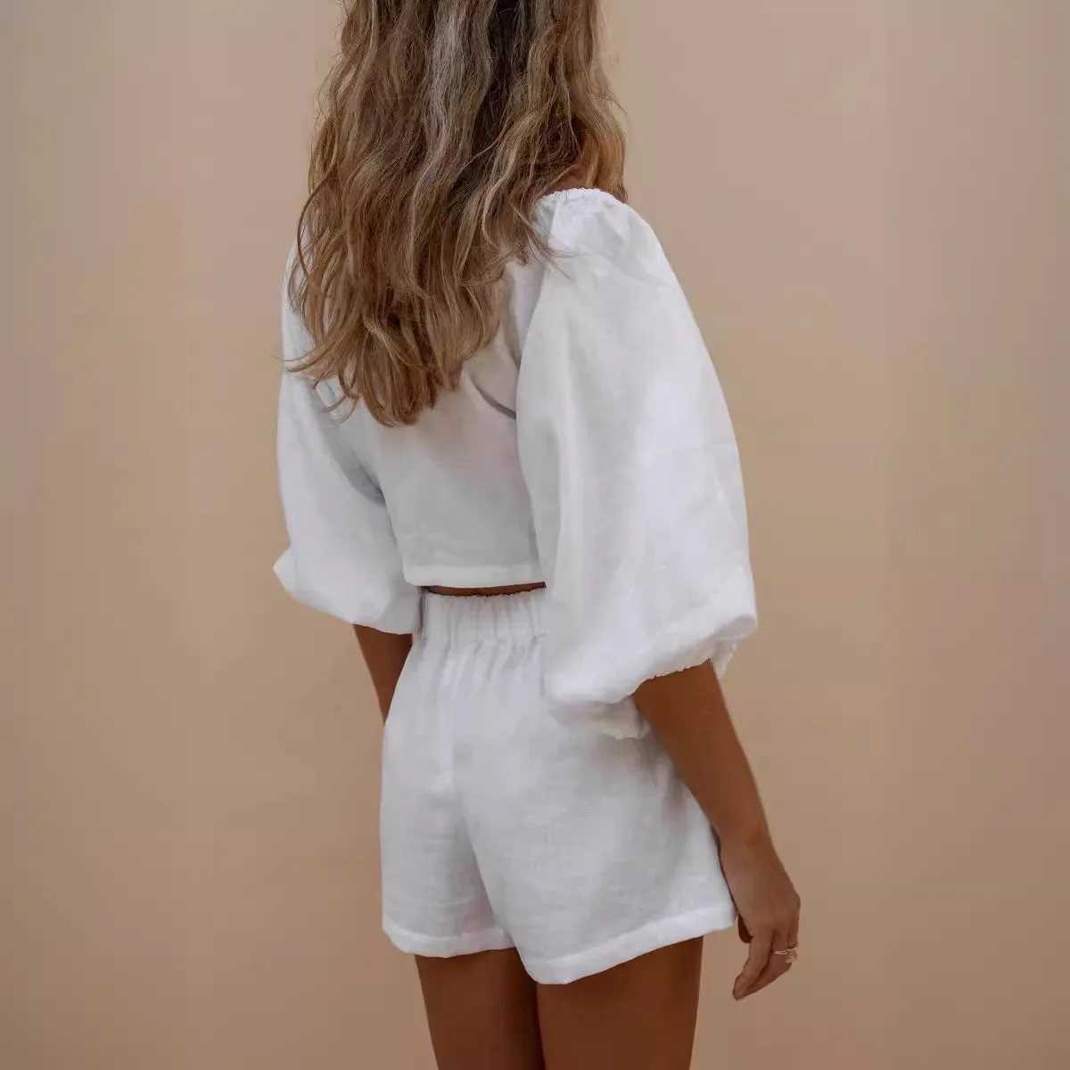 2026 New Bubble Sleeve Lace Shorts Monochrome Set Sexy Temperament Street Fashion Women's Summer Fashion Two-piece Set