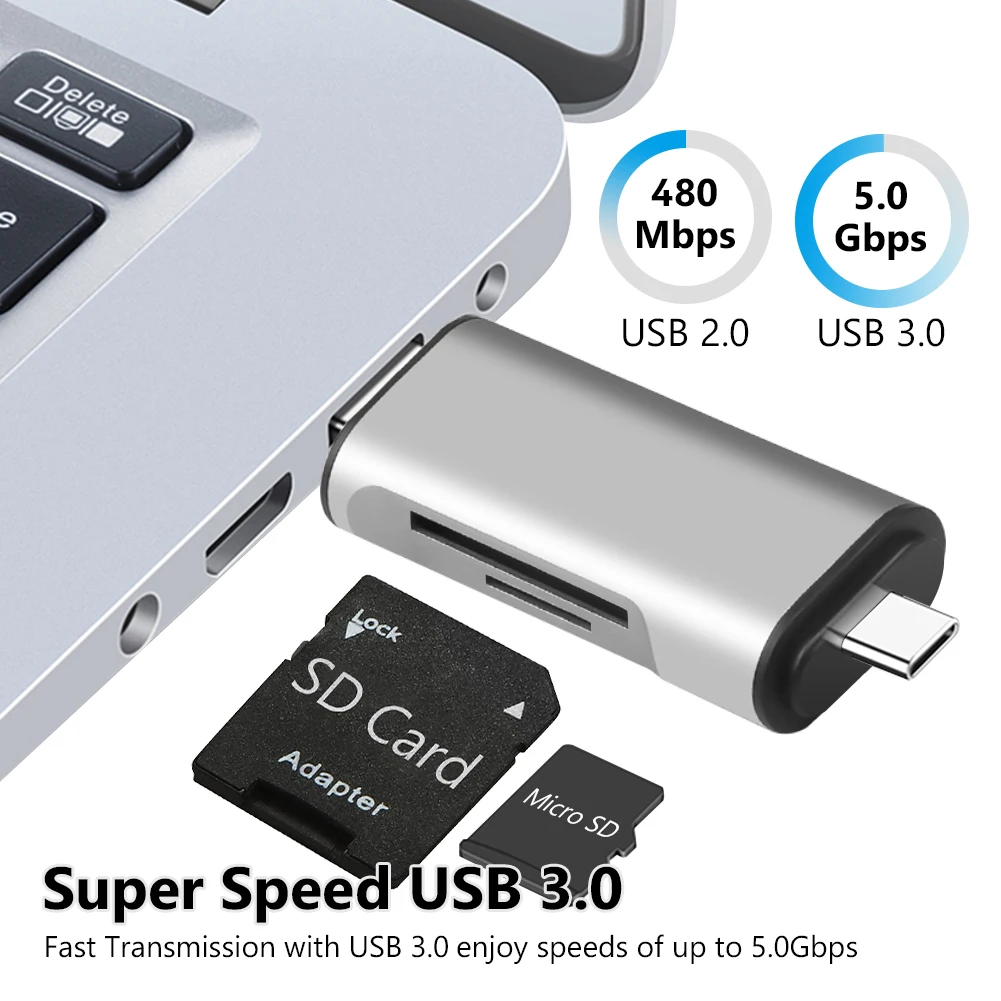 Micro USB 3.0 para SD TF Card Reader, Tipo C, OTG, Memory Card Reader de alta velocidade para o telefone Android, computador, laptop, Macbook