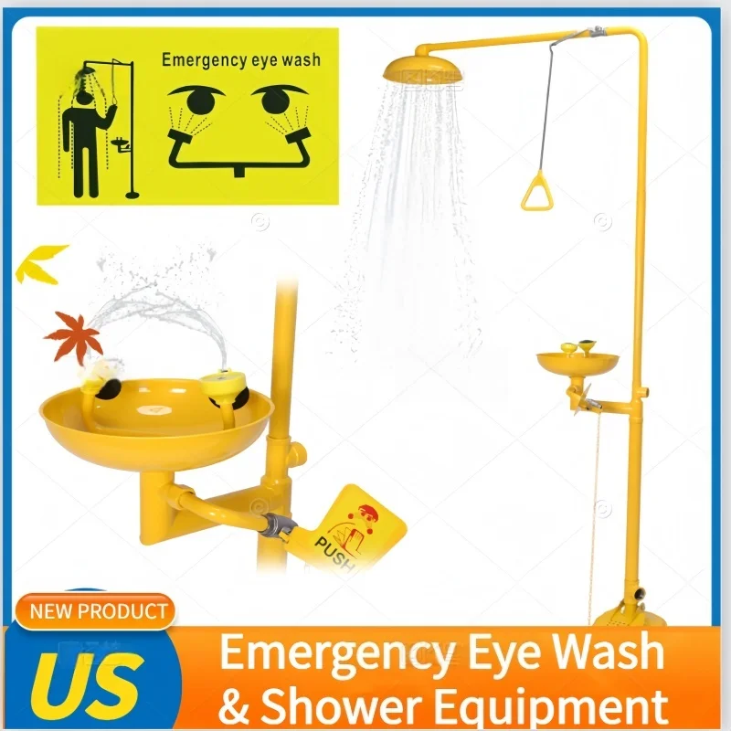 304 الفولاذ المقاوم للصدأ عمودي المحمولة رذاذ الطوارئ المزدوج ميناء مركب أدوات غسيل العين مع رأس رشاش مزدوج ودواسة لابو