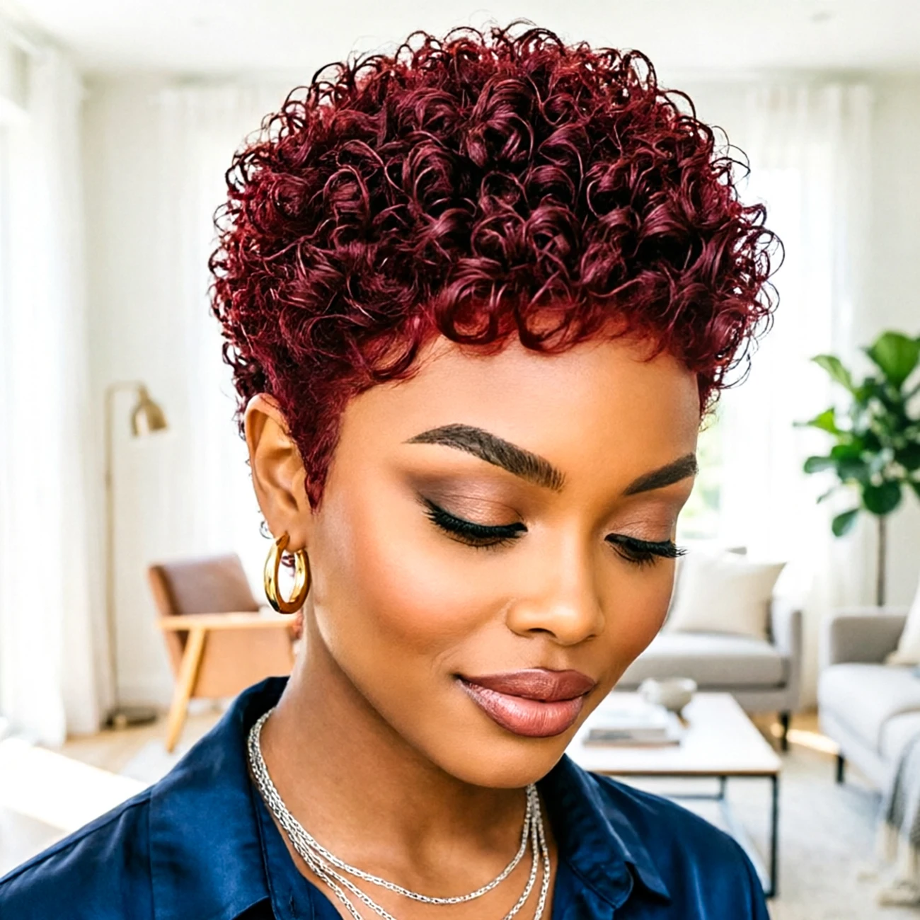 Brazilian Human Hair Pixie Cut Kinky Curly Wig for Women, Natural Black 99J Burgundy Natural Looking Machine Made, Daily Wear Party Wigs