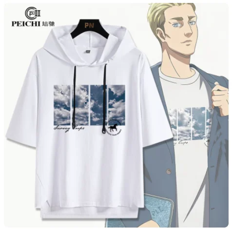 日本アニメ進撃の巨人ハンジ・ゾーイフード付き半袖tシャツ夏コスプレ衣装カジュアル学生ルーズトップスpc