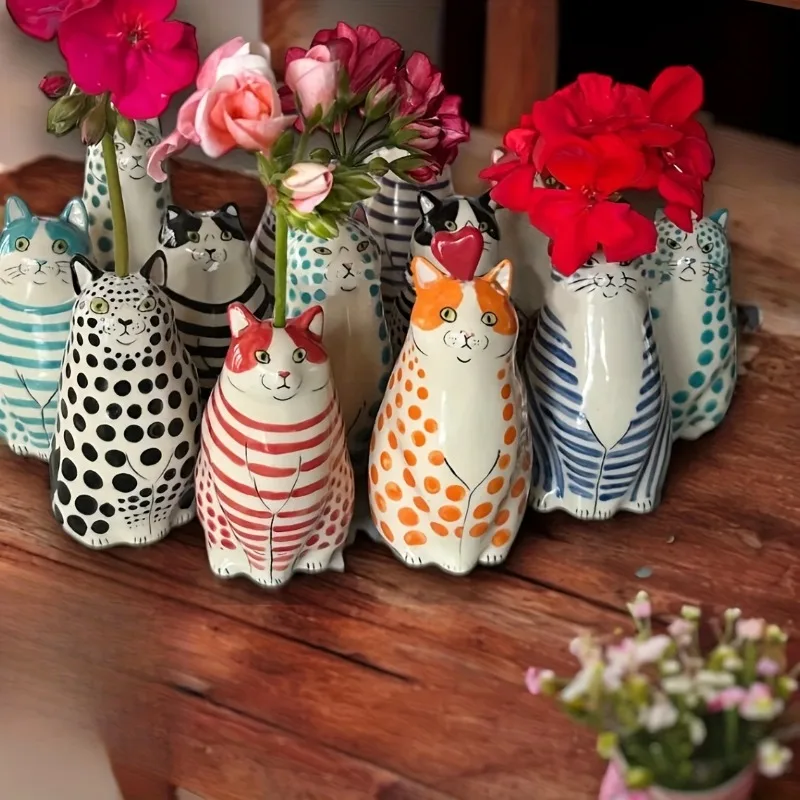 5pcs Whimsical Polka Dot Cat Vase Set Resin Flower Pot with Colorful Striped Cats Adorable Mini Decorative Figurine Home Decor