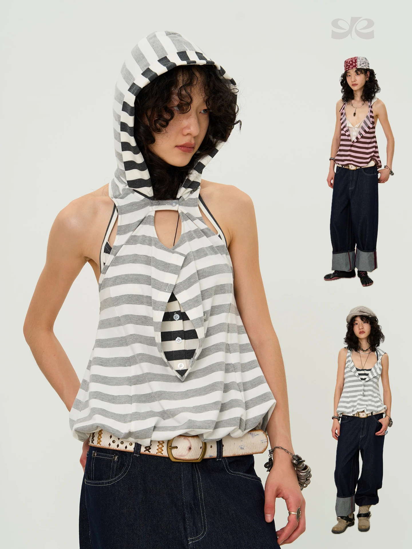 

Original Double Color Wide Stripes Bal Flip Cap Fake Two-Piece Slimming Top Women's Cotton Stripe Pattern Casual Wear