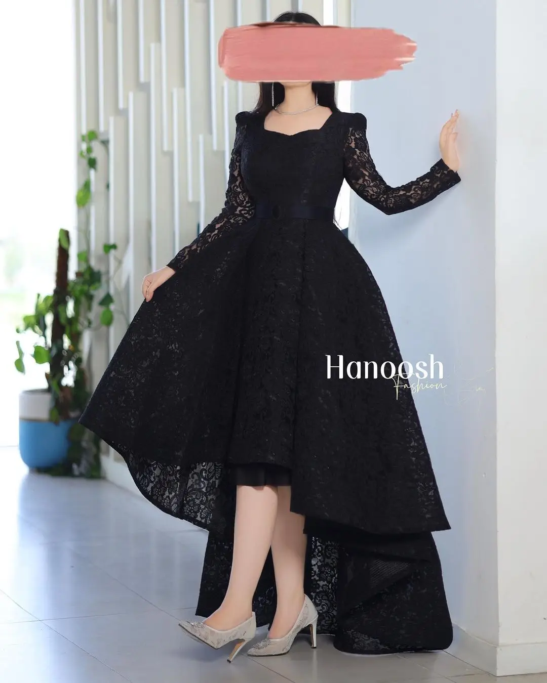 

Formal Occasion Dresses Strapless Black Lace Hi-Lo Saudi Arabia Women's Prom Dresses Long Sleeves Party Gowns