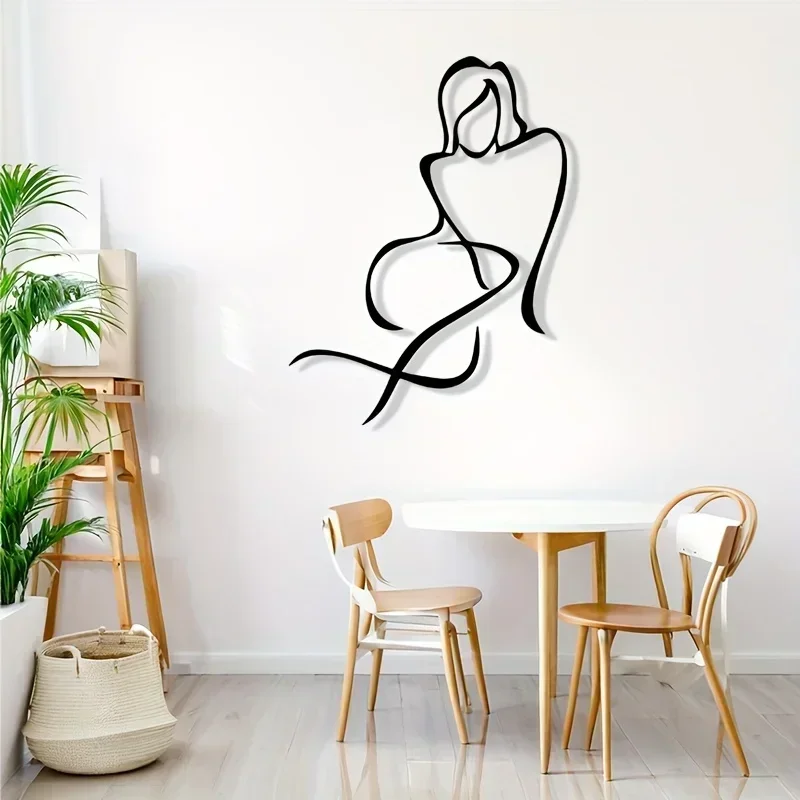 Flat Elegant Female Figure Metal Wall Decor, Minimalist Black Line Art With Sleek Smooth Curves, Sturdy Durable Iron Structure