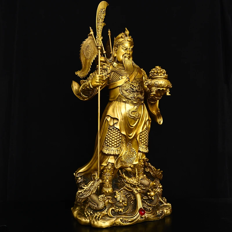 23“ Brass Treasure Bowl Guan Gong Statue Dragon texture Guan Yunchang, Immortal get rich Study  Amass wealth Ornaments