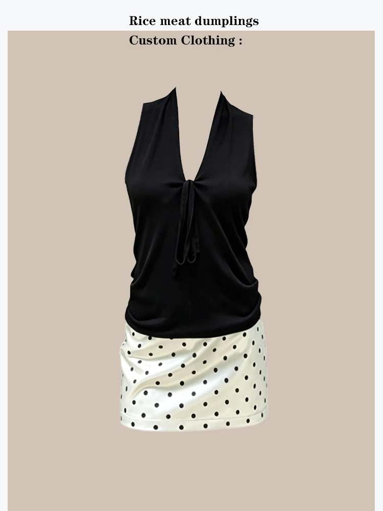

Summer Chic V-Neck Backless Knitted Tank Top And A-Line Skirt Set in Satin Polka Dot Design Age-Defying Low Waist