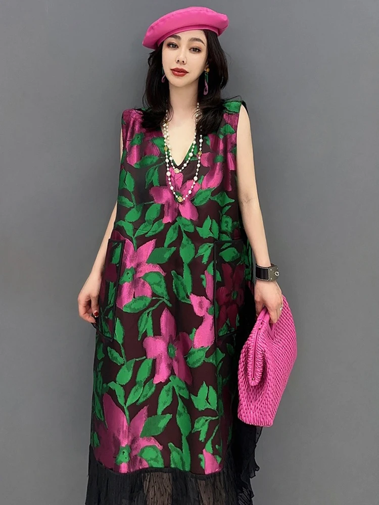 SHENGPALAE Fashion V-neck Sleeveless Tank Dress 2024 Autumn Vintage Elegant Print Flower Trendy Loose Women Vestido Robe 5R2189