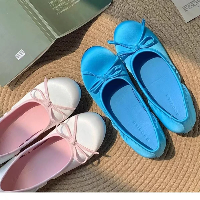 

Модные шелковые женские балетки на плоской подошве, роскошные дизайнерские женские шлепанцы с круглым носком и узлом-бабочкой