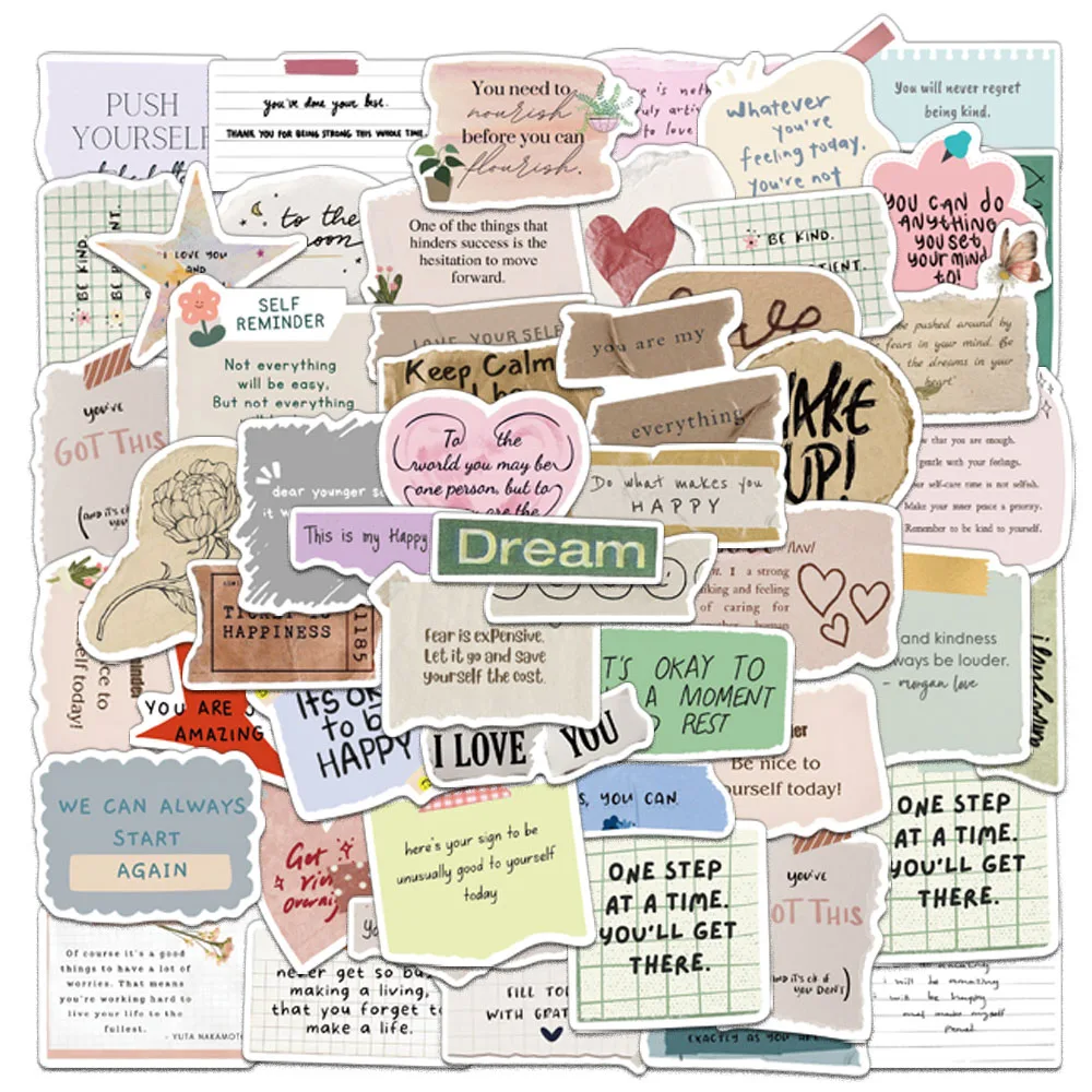 50PCS Creative Fragmented ข้อความขนาดเล็กสติกเกอร์ตกแต่งเคสโทรศัพท์แล็ปท็อปถ้วยน้ําสเก็ตบอร์ด DIY ส่วนบุคคลสติกเกอร์