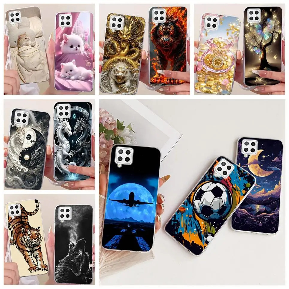 For Samsung Galaxy A22 A22s A12 F12 M12 F42 Phone Case Chinese Dragon Cute Cat Cartoon Pattern Casing Soft Clear Silicone Cover