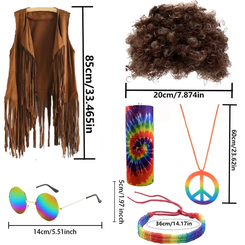 PESENAR hippiekostuum voor mannen 60s 70s outfits accessoires tie-dye shirt set franje carnaval vest pruik tie-dye hoofdband