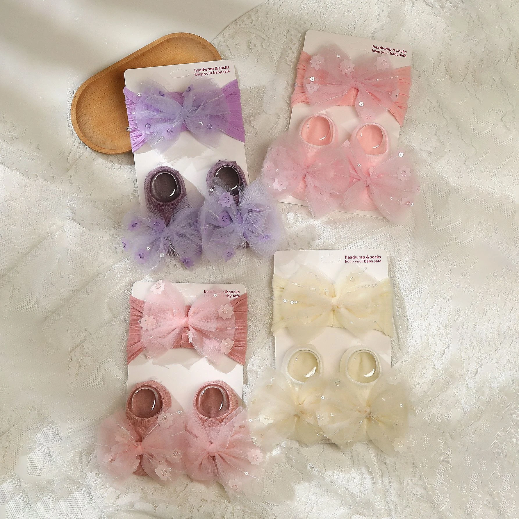 New 1Set Mesh Bow Headbands Mid Socks For Newborn Baby Solid Prewalker Non-slip Floor Sock Girl Infant Princess Hairband Socks