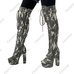 Ronticool Women Winter Over The Knee Boots Unisex Full Side Zipper Block Heels Round Toe Camouflage Casual Shoes US Size 5-20