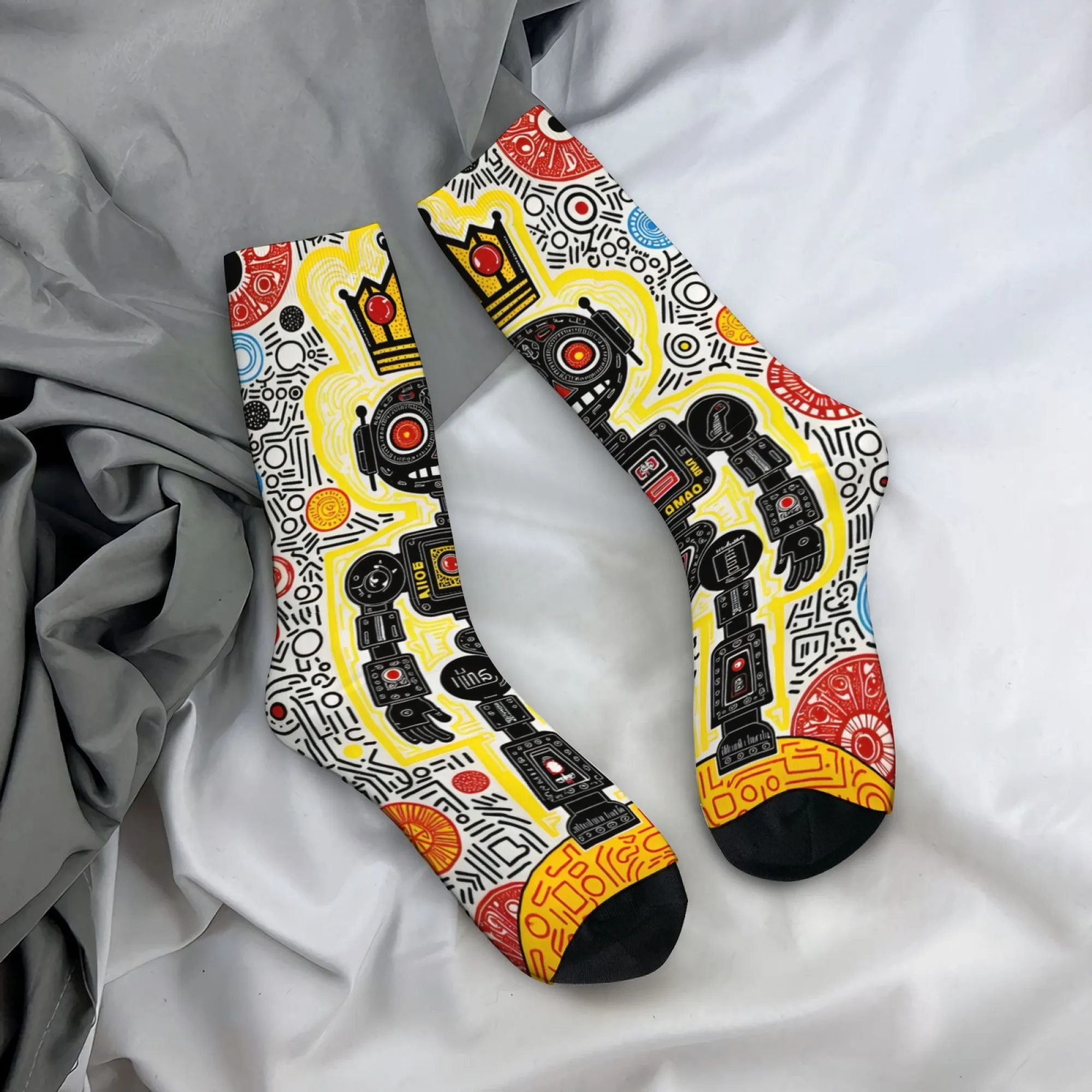 Abstract Doodle Robot King Herrensocken im Harajuku-Stil, neuartig, lustig, fröhlich, Crew-Socken, Retro, Street, lässig, verrückt, Hip-Hop-Socken