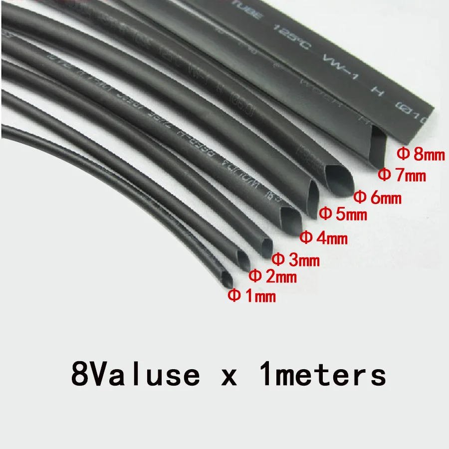 8 Meter/set Heat Shrink Tubing 1/2/3/4/5/6/8mm 2:1 Black Insulation Shrink Wrapping Heat Shrink for Cable DIY Connector Wire Kit