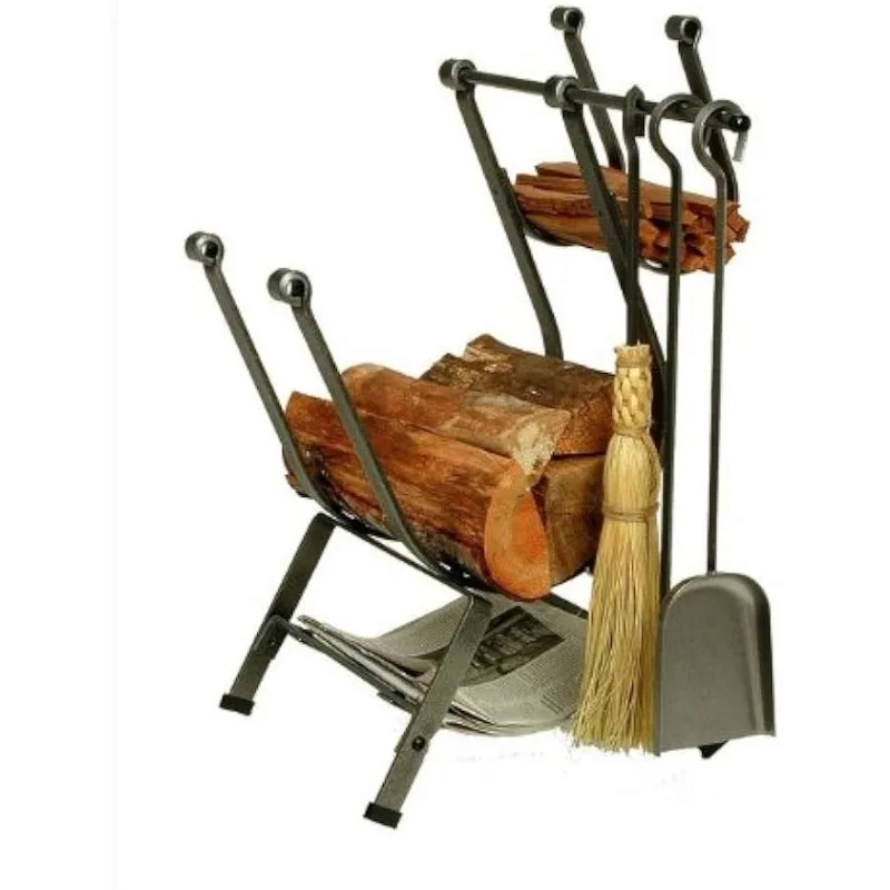 

Enclume Front Loading Log Rack with Fireplace Tools, Hammered Steel Log Carriers & Holders