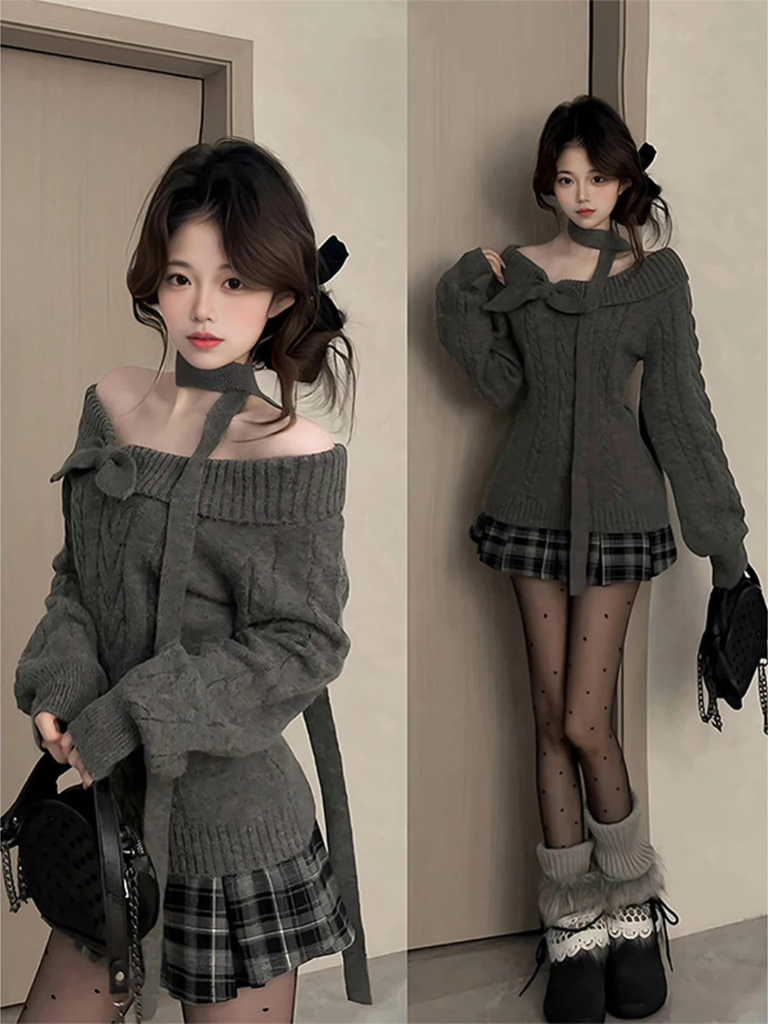 

Вязаный свитер с открытыми плечами для женщин, осенне-зимний, модный, облегающий, в корейском стиле, свободного кроя, повседневный, с узлом