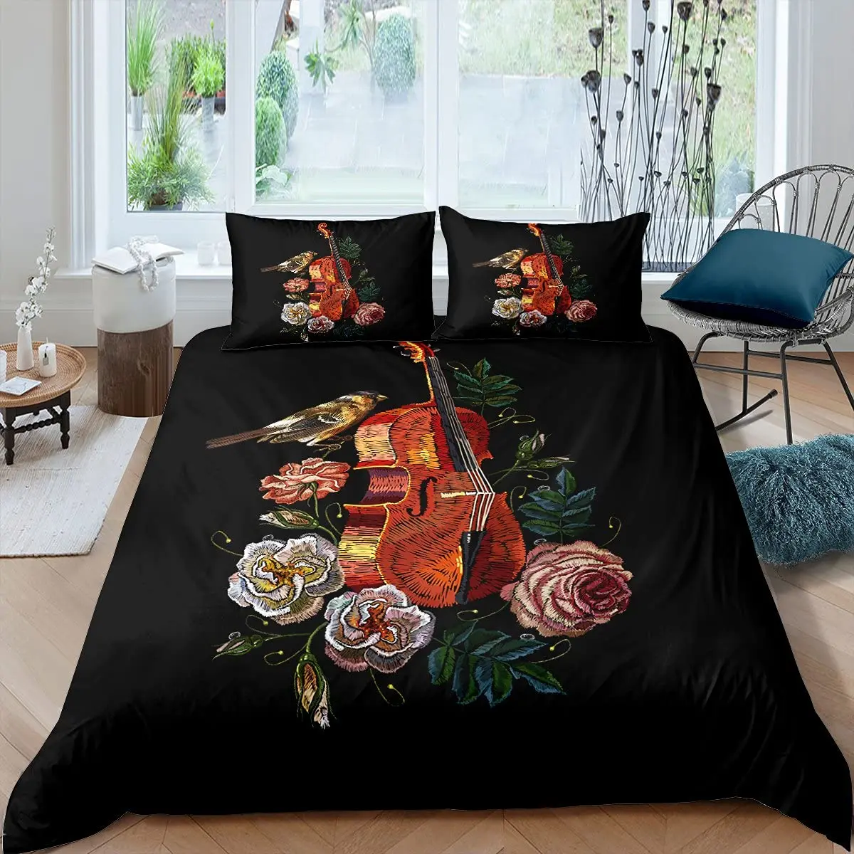 Violin King Queen Duvet Cover Flowers Roses Bedding Set Stringed Instruments Comforter Cover Fashion Music Polyester Quilt Cover