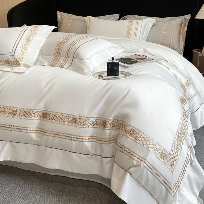 Hotel Style Bedding Set Luxury 100% Egyptian Cotton Gold Embroidery White Duvet Cover Or Elastic Band Fitted Sheet Pillowcases