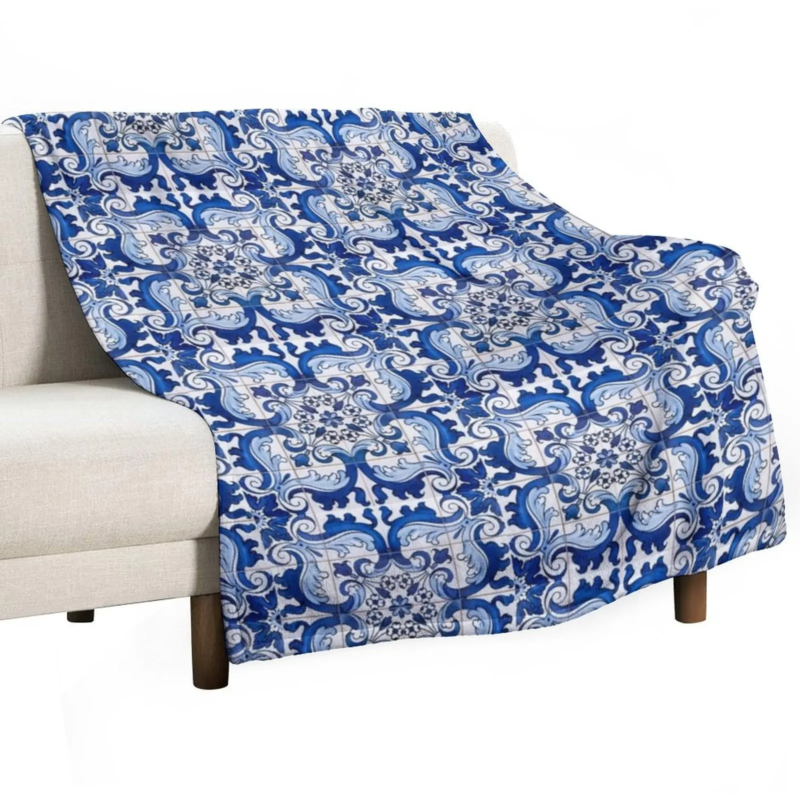 Antique Classic Lisbon Blue Azulejo Tile Floral Pattern Throw Blanket Flannel Luxury Shaggy Blankets