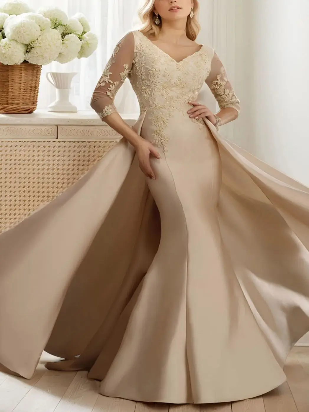 Elegante luxo sereia vestido de convidado de casamento renda com decote em v manga 3/4 até o chão apliques vestido de noite de baile 2025 personalizado grátis