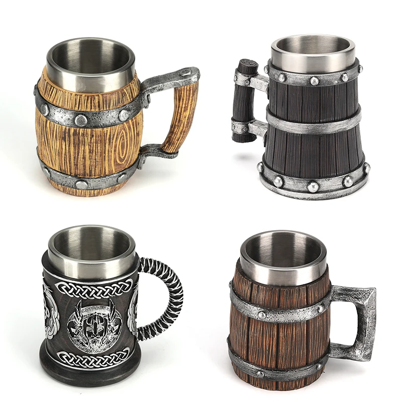 

2023 Viking Wood Style Beer Mug 3D Resin Stainless Steel Coffee Cup Wine Glass Metal Double Wall Mug Beer Jug Cup Thermal