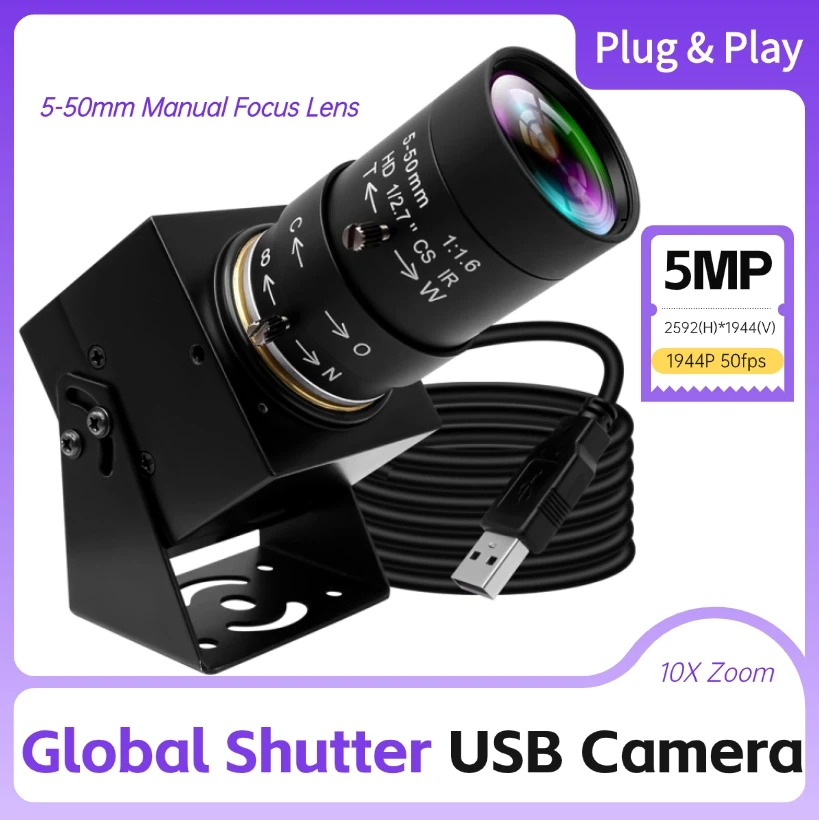 ELP 5MP USB Camera 60fps Global Shutter High Speed 10X Zoom Lightburn Webcam with 5-50mm Manual Focus Lens for PC,Pi,Laptop
