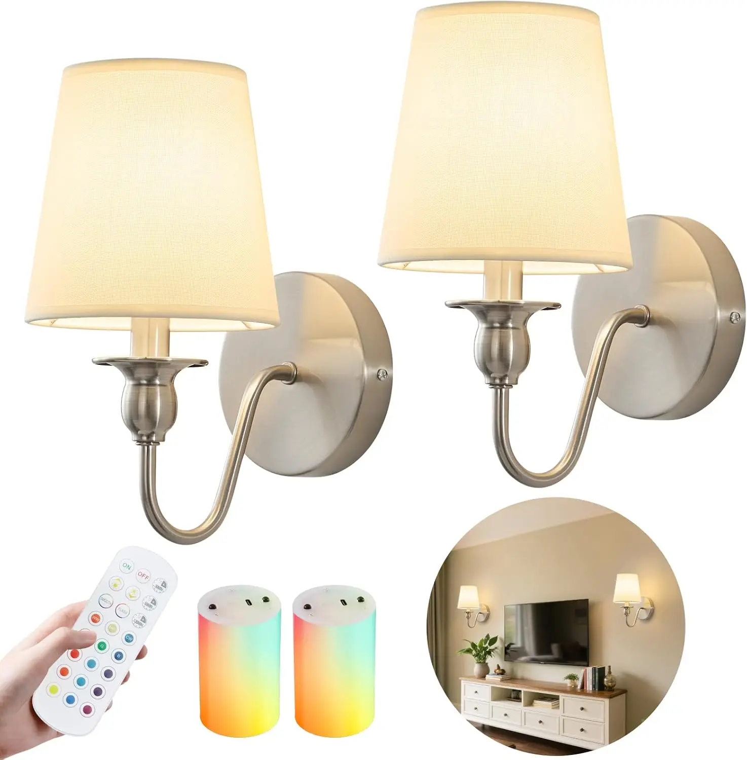 

Rechargeable Wireless Wall Sconces Set of 2 with Dimmable LED Bulbs, Remote Control, and Timer for Bedroom Living Room