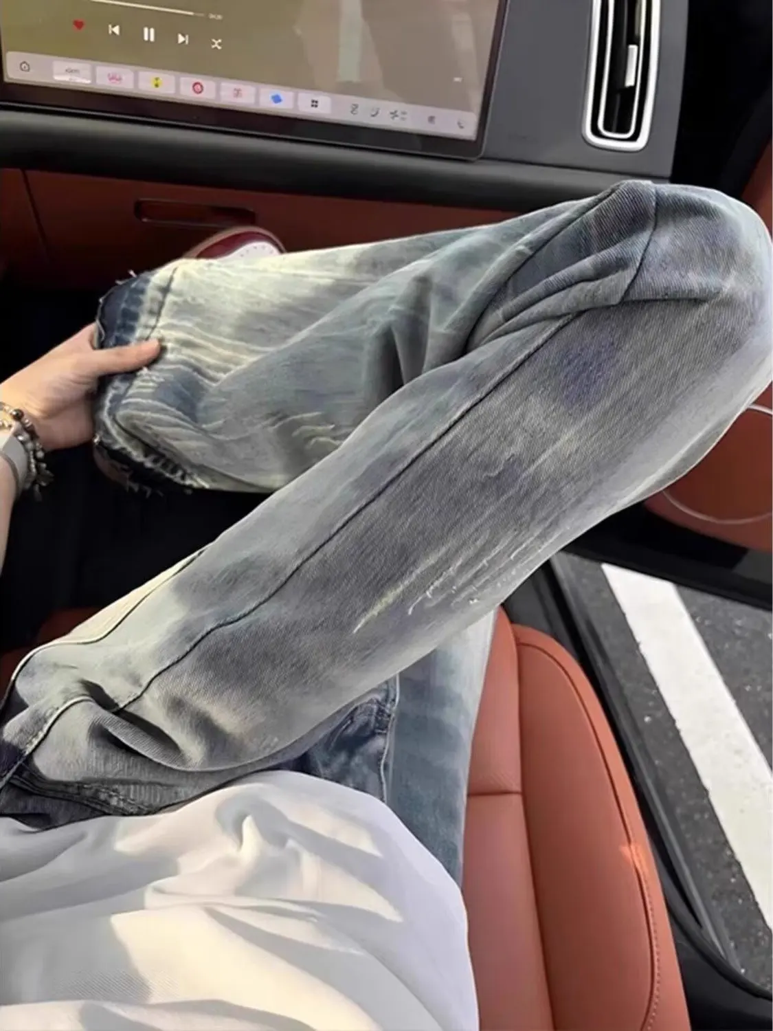 Washed Vintage Lightning Pattern Men's Jeans Straight Leg Micro Flared Elastic Slimming Casual Denim Pants mid Waist Zipper Fly