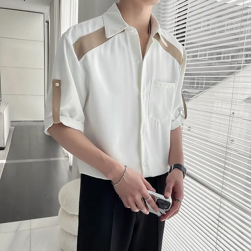 

Summer New Turn-down Collar Fashion Half Sleeve Shirt Man High Street Casual Button Cardigan Y2K All-match Contrast Color Blouse