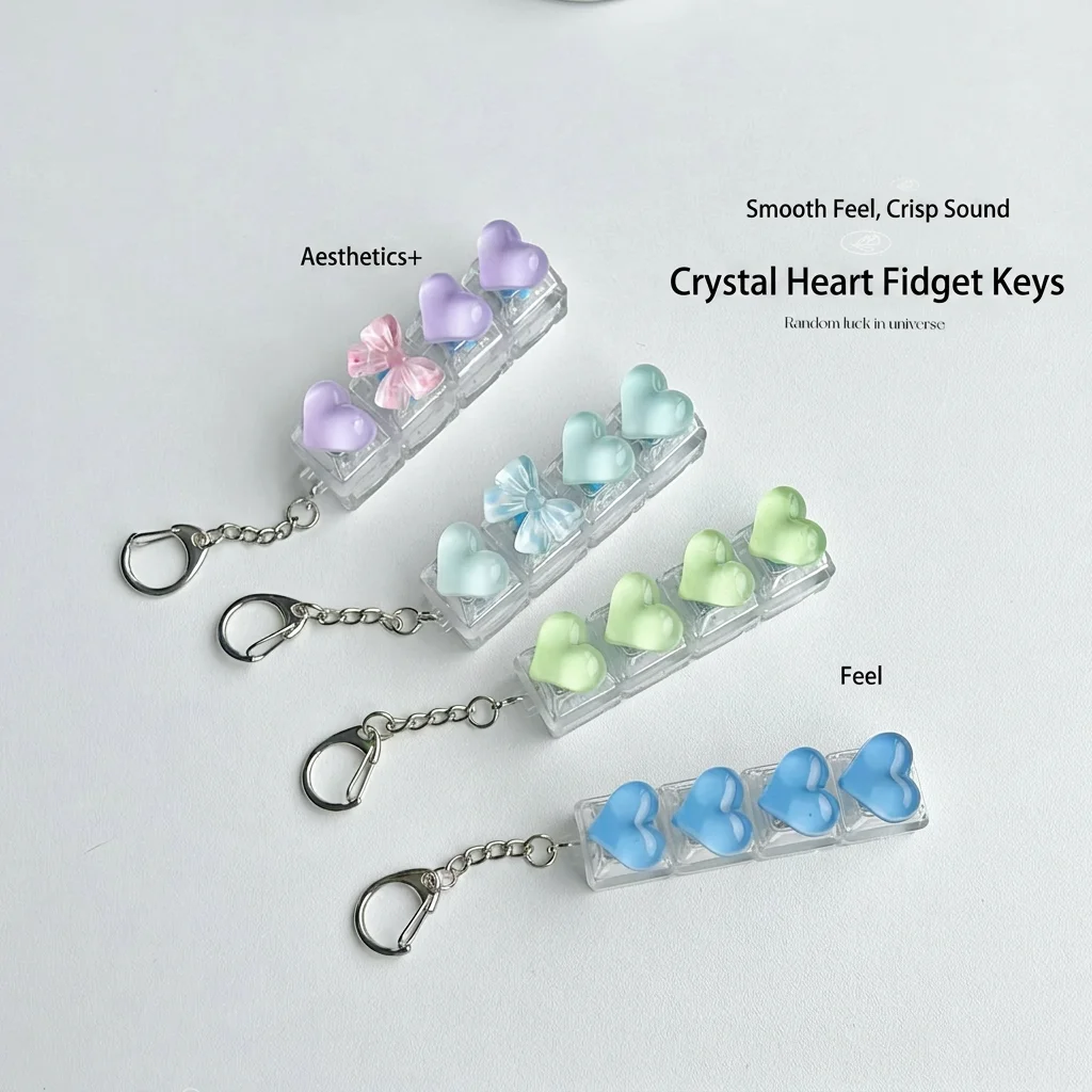 Porte-clés anti-stress en forme de cœur transparent en cristal, testeur de clavier, pendentif décoratif pour sac à dos, cadeau