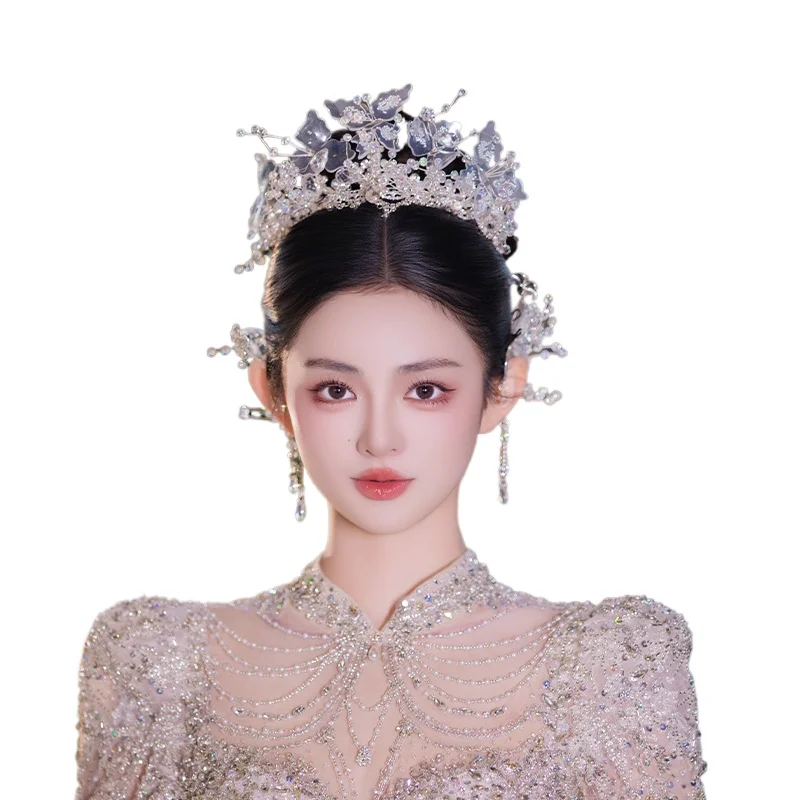 

Bridal Fairy Main Wedding Dress Luxury Elegant Earrings Butterfly Crystal Crown Headgear