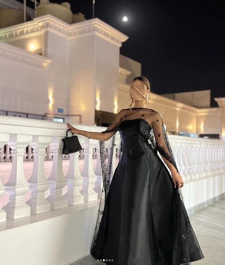 블랙 발목 길이 사우디 이브닝 정장 드레스 랩 케이프 Gillter 맞춤형 댄스 파티 행사 가운 فستان سهرة نسائي