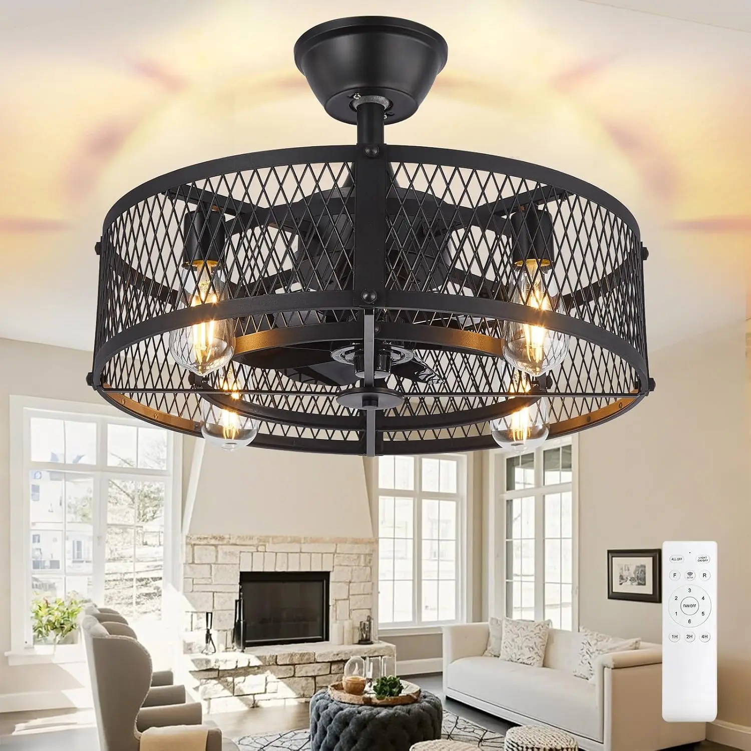 20" Farmhouse Caged Ceiling Fan with Light & Remote - Black Bladeless Fan for Bedroom, Kitchen, Living Room