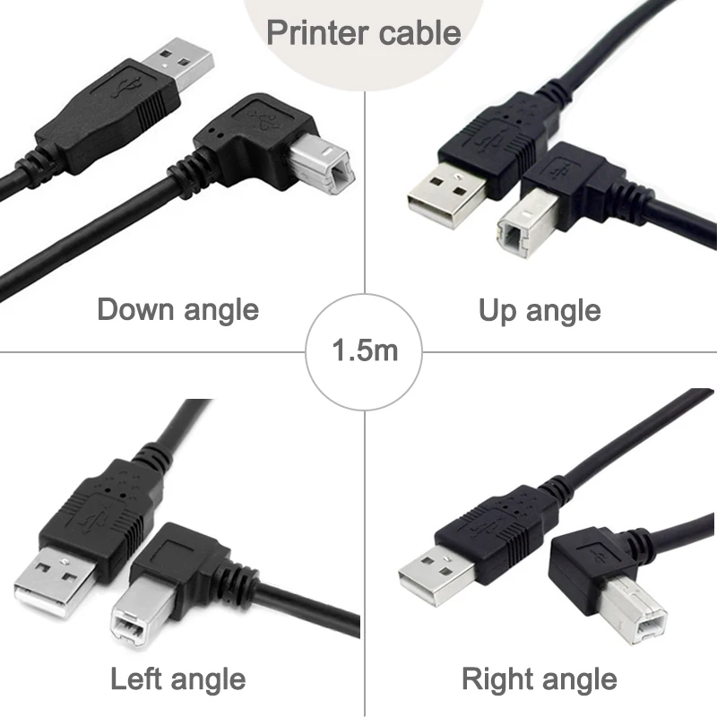 

USB Printer Cable 90 Degree Angle 1.5m USB2.0 male to USB B male cable for Printer scanner hardisk