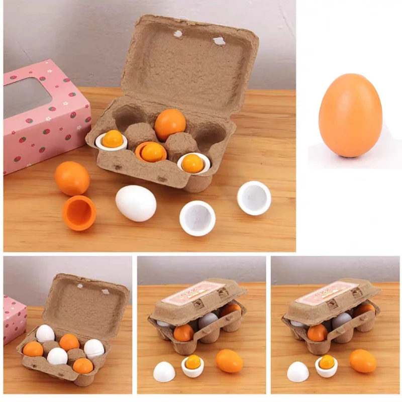 6pcs Simulation Wooden Eggs Toys Set Kids Pretend Play Wood Food Eggs Yolk Kitchen Food Children Kid Education Montessori Toys