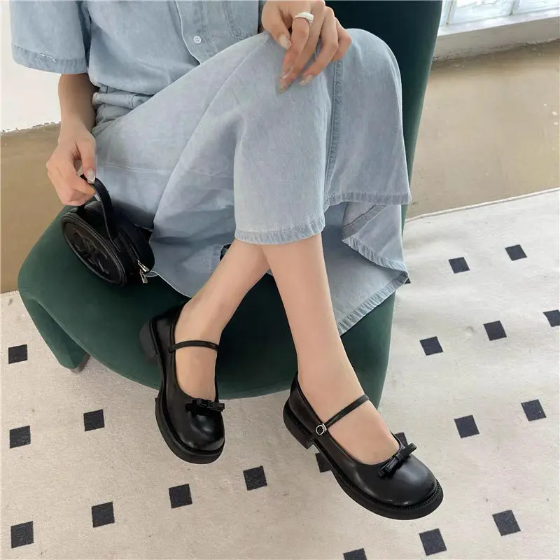 Ladies Summer Footwear Cute Japanese Style Lolita Shoes for Women 2024 with Bow Round Toe Kawaii Gothic Black Low Heel Elegant E