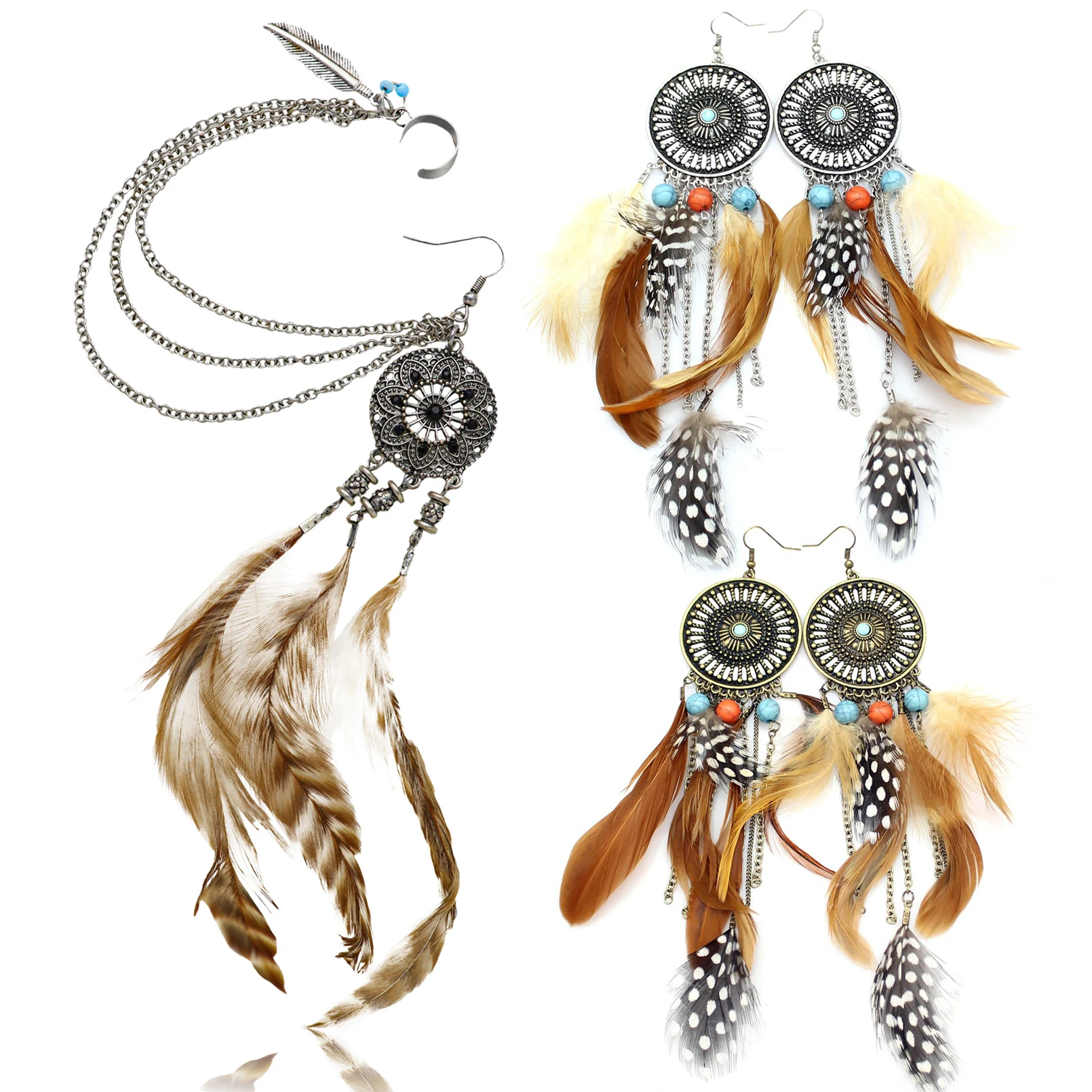 Bohemian Long Feather Dangle Earrings for Women Ethnic Tassel Beads Handmade Hoop Earring Fashion Wedding Pendientes Jewelry