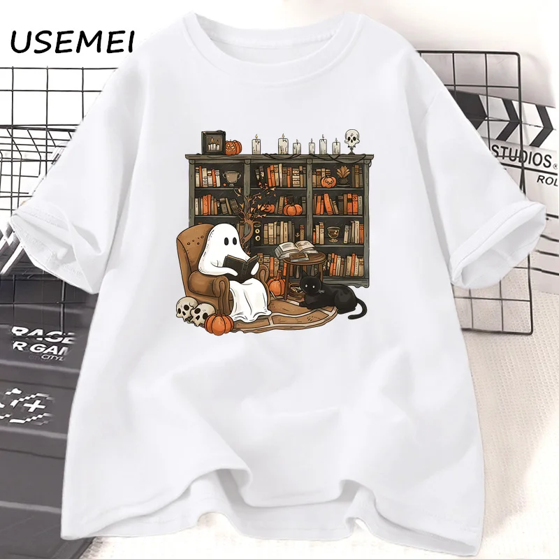 Retro Ghost Reading Books Librarian T-shirt Halloween Teacher Tshirt Women Cotton Boo School T Shirt Streetwear Women\'s Clothing