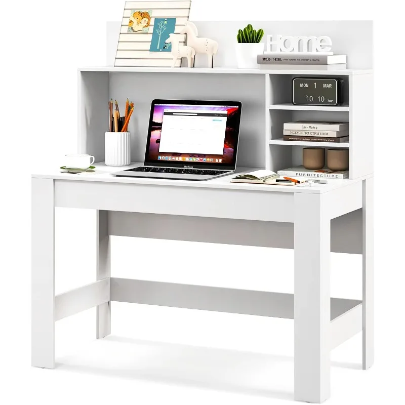 

Tangkula White Desk with Hutch, Home Office Desk with Bookshelf, Writing Study Desk with Anti-Toppling Device & Cable Hole