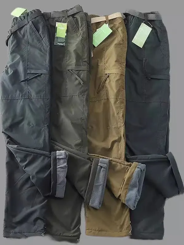Men's Outdoor Soft  Pants Fleece Lined Thickened Windproof Waterproof Casual Workwear Trousers High Waist Straight Leg