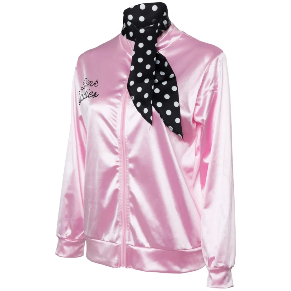 

Pink Ladies Grease Cosplay Costume Adult Girl Women Retro Jacket Fancy Cheerleader Jacket Scarf Autumn Coat Halloween Party Suit