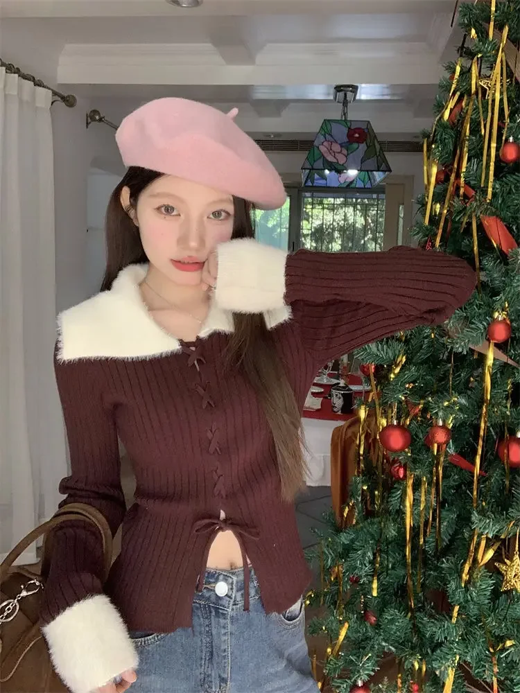 

Женский милый и сексуальный пушистый вязаный кардиган с v-образным вырезом в стиле пэчворк, осень-зима, облегающий универсальный утягивающий топ с длинными рукавами