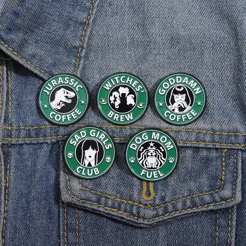 Custom Round Green Coffee Enamel Pin Cute Cat Movies Game Jesus Brewsters Brooch Lapel Fashion Funny Jewelry Gifts For Friends