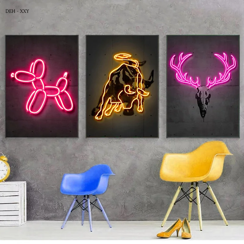 

Neon Posters Ballon Dog Bull Zebra Tiger Deer Dinosaur Pop Art Canvas Painting Animals Design Wall Art Cuadros Home Bar Decor