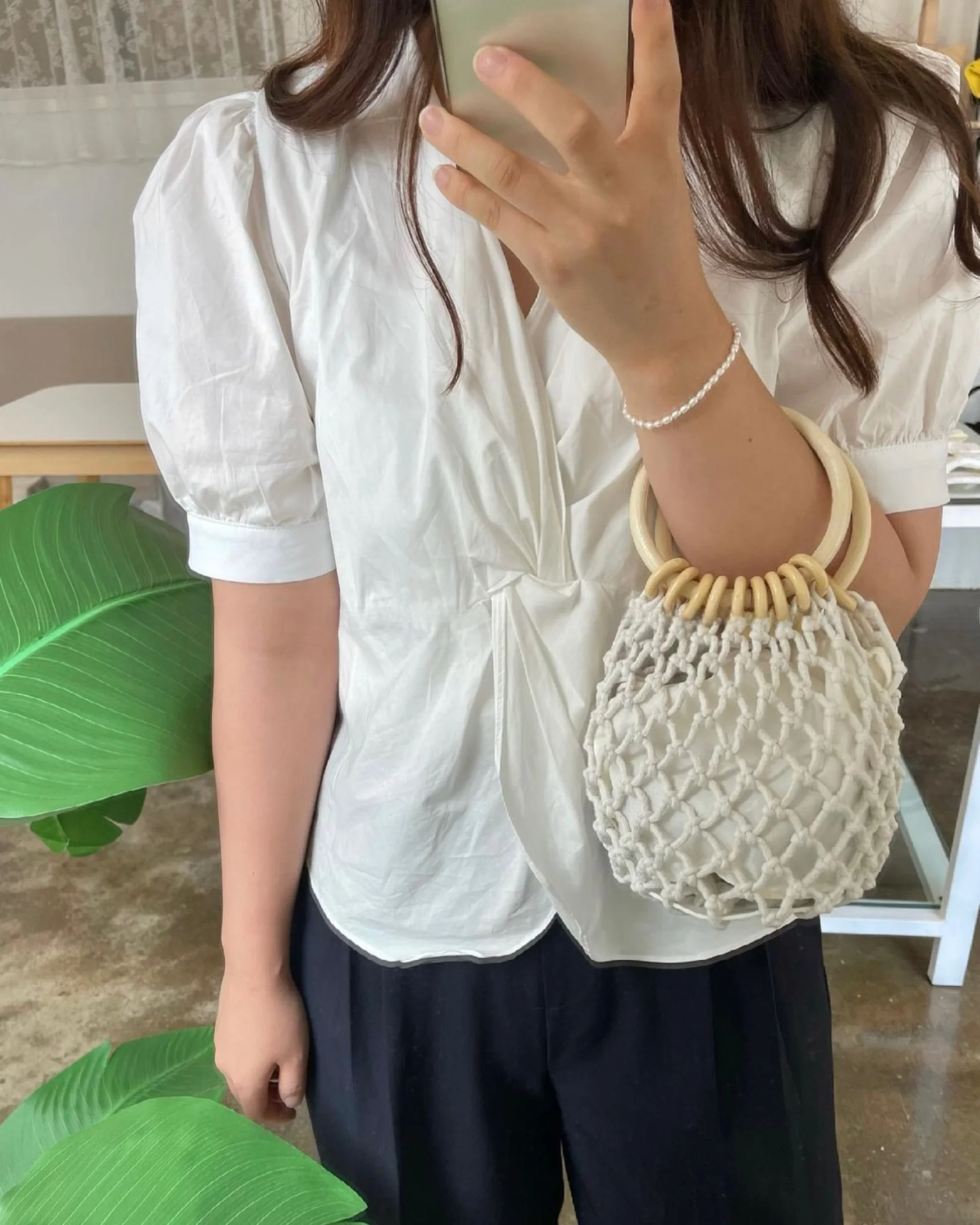 

Woven Cotton Tead Basket Handbag with Wooden Ring Iuencer Blogger Sle Hollow out Fiing Net Design Ladies Bag